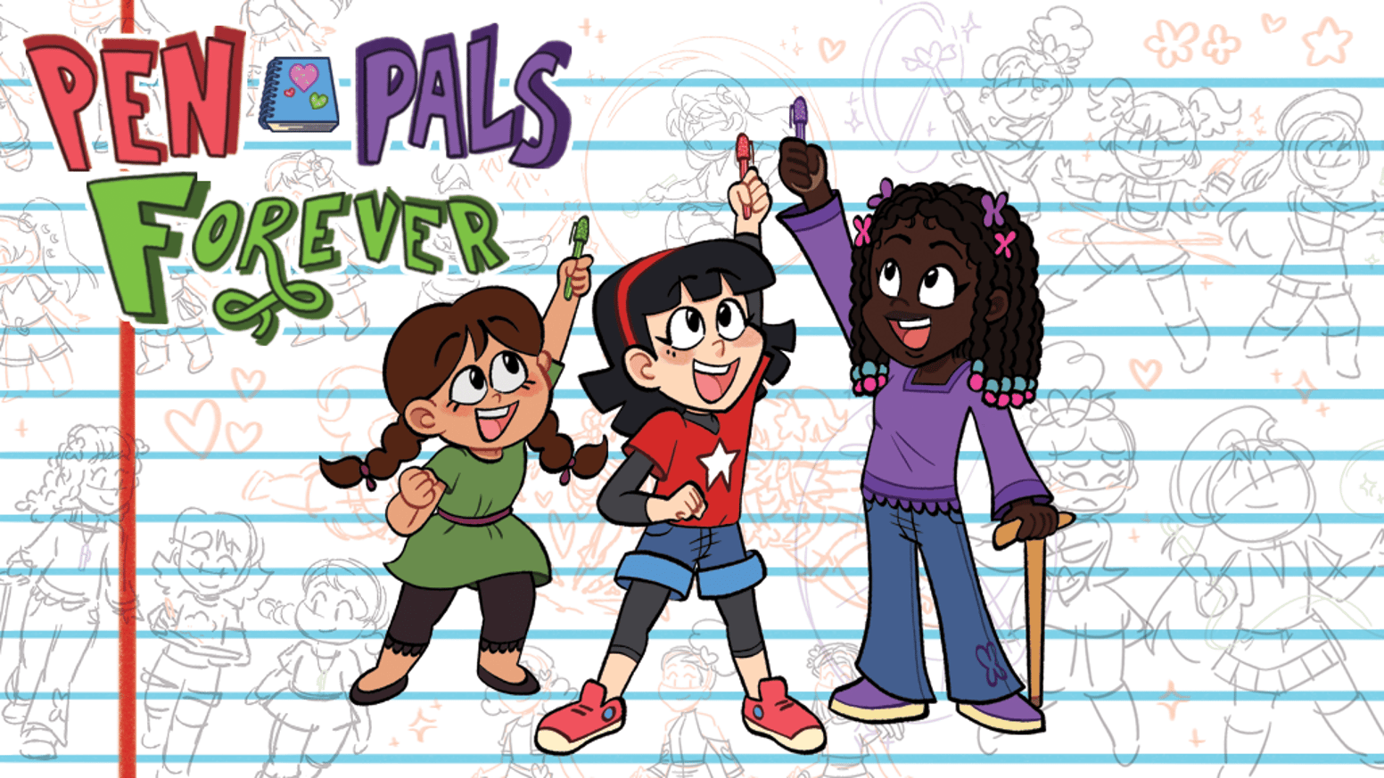 Pen Pals Forever key art from the 2023 campaign. The trio with the enchanted friendship journal.