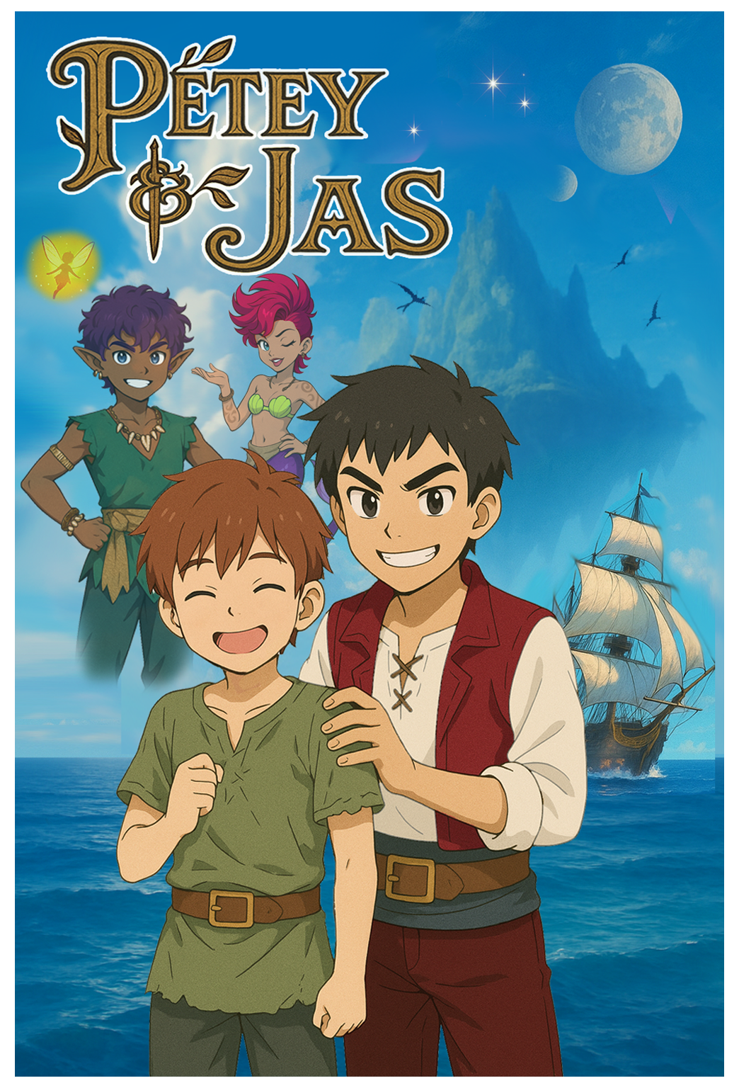 Petey and Jas key art. Two boys, a fairy, an islander, and a mermaid in front of a galleon and the peaks of Neverland.